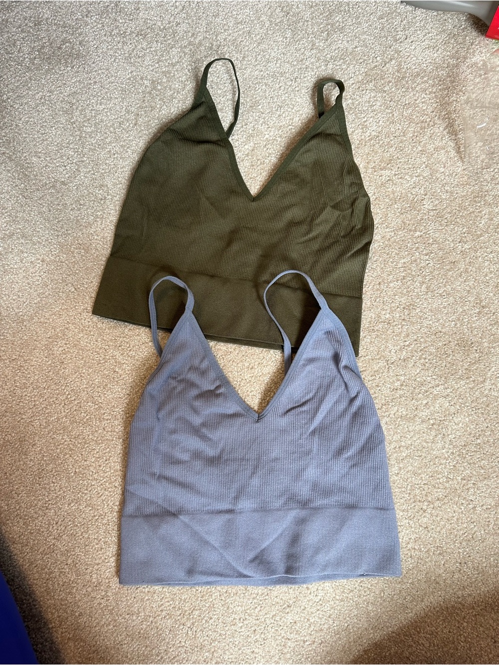 Bozzolo Olive Green & Light Blue Ribbed V-Neck Cami Tops - Women